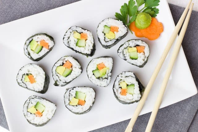 Sushi rolls made from rice, nori, and vegetables are an excellent choice for healthy dining